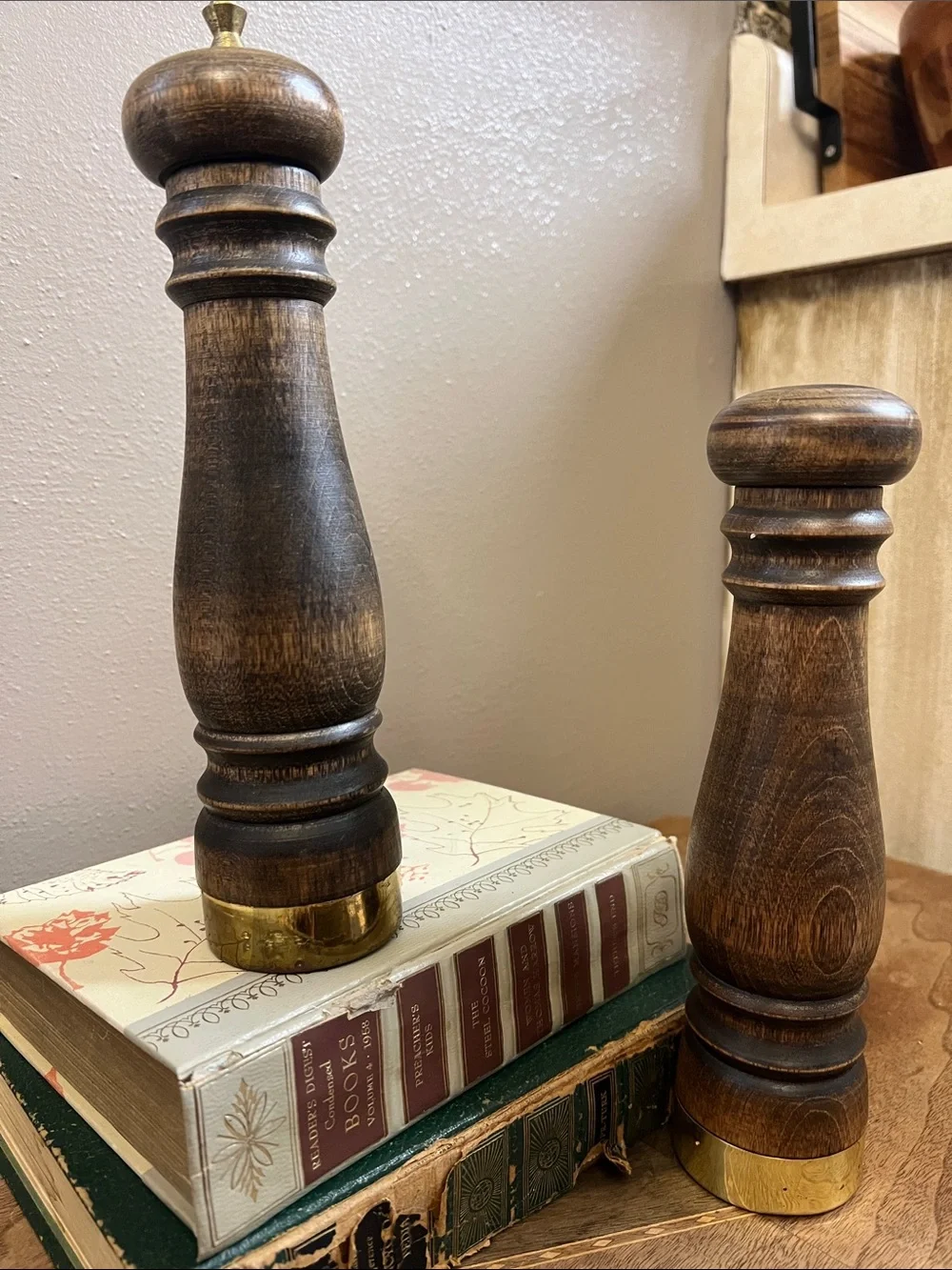 Vintage MCM Wooden Salt shake and Pepper Mill Set with Brass Accents - Brown
